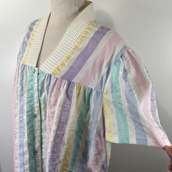 Vintage  80s House Dress Simply Basic Stripe Pastels Housewife - Picture 2 of 6